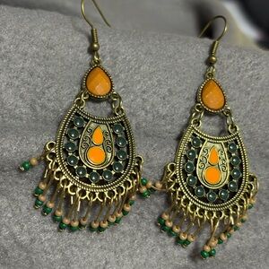 Bohemian Gold and Orange Dangle Earrings